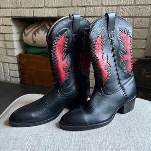 Sage Black Leather Cowboy Boots with Red Insets